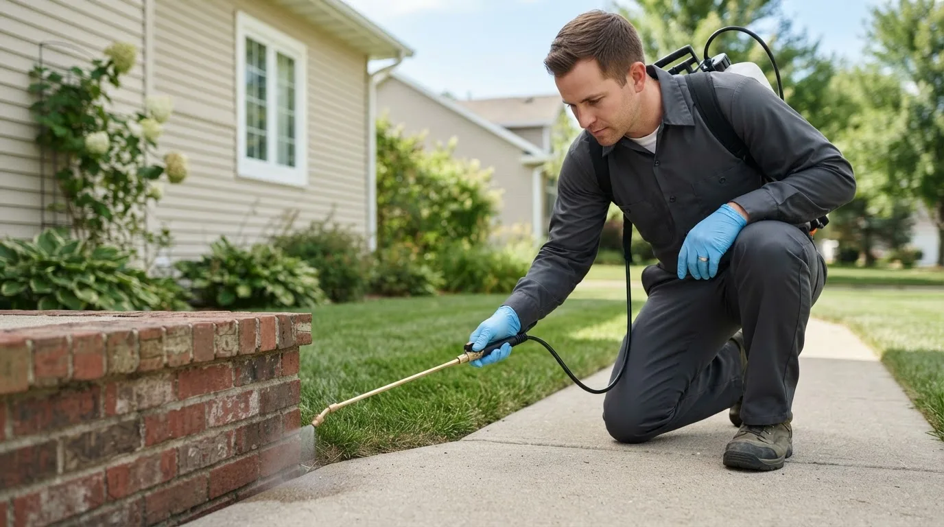 Pest control technician treating a home near West Harwich, MA