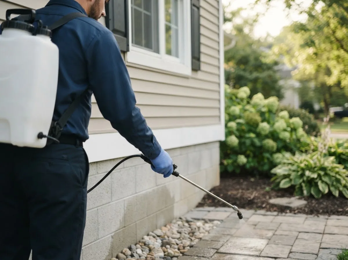 Pest control technician inspecting a home in West Harwich, MA